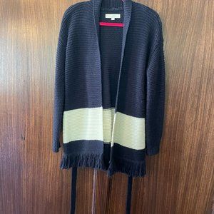 LOFT Navy Blue Wool Blend Chunky Knit Fringe Cardigan Sweater - Size Small